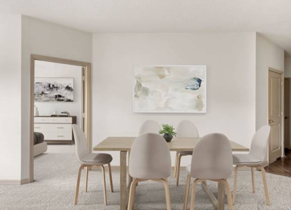 A dining room with a table and chairs.