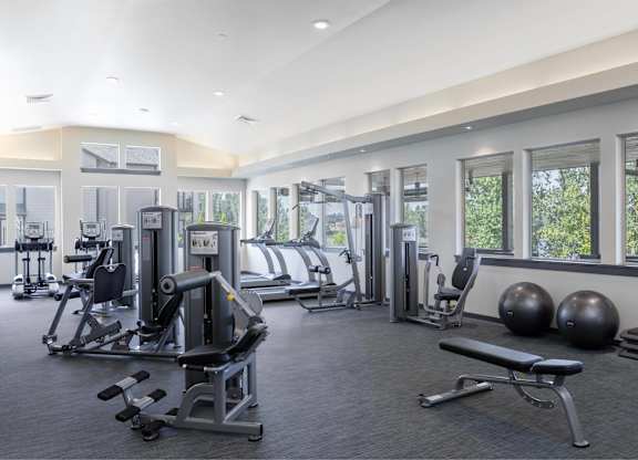 A gym with a variety of equipment including weights and cardio machines.