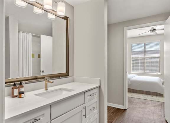 A bathroom with a white sink and a mirror above it.