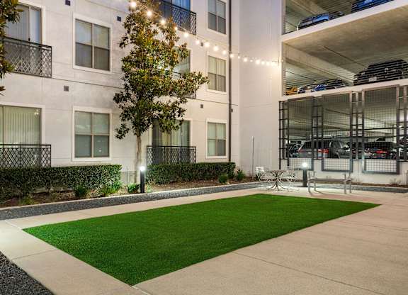 A tree is lit up at night in a courtyard.