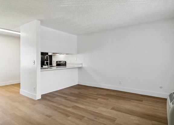 A room with a white wall and a wood floor.
