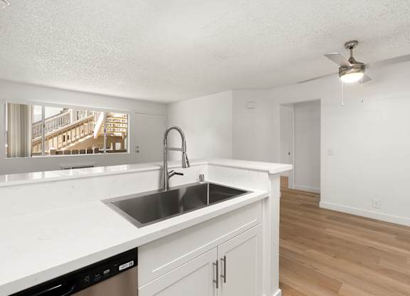 A kitchen with a sink and a window.