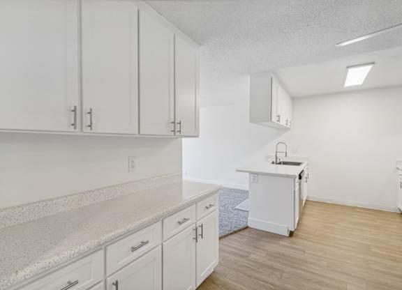 A kitchen with white cabinets and a countertop.