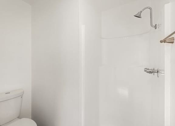 A white toilet is next to a white shower in a bathroom.