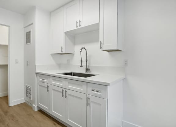 A white kitchen with a sink and cabinets.