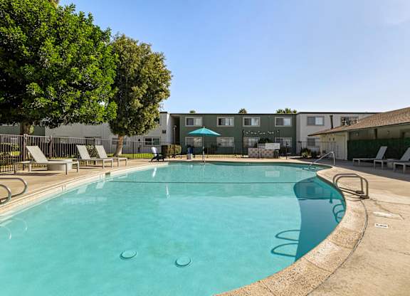 A large outdoor swimming pool with a concrete edge and a metal ladder.