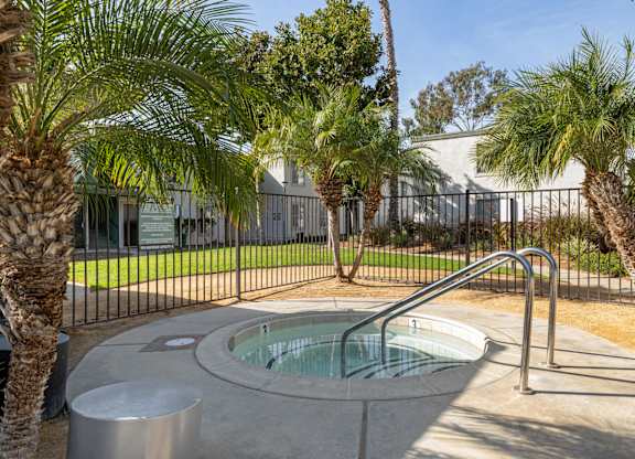 A hot tub sits in the middle of a concrete patio surrounded by palm trees.