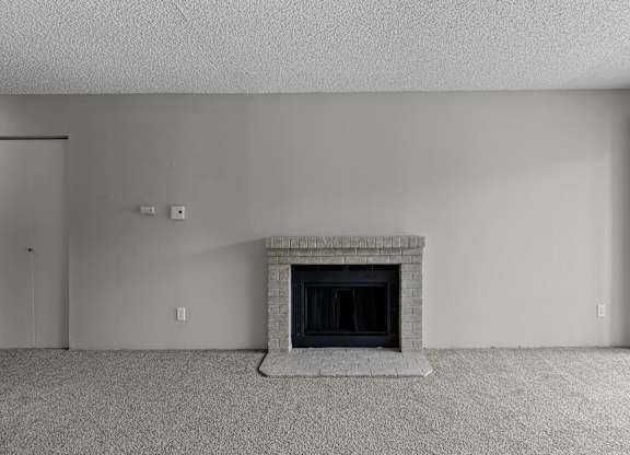 A fireplace in a room with a carpeted floor.