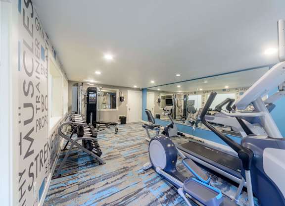 A gym with a row of treadmilers and a row of stationary bikes.