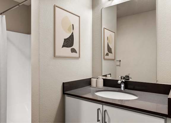A bathroom with a sink, mirror, and two framed pictures on the wall.