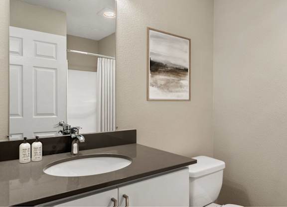A bathroom with a sink, toilet, and a painting on the wall.