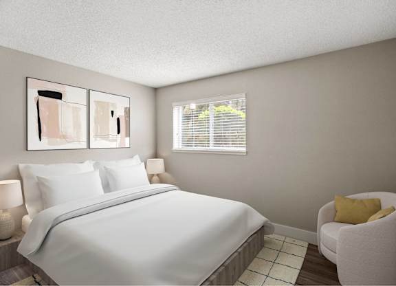 A bedroom with a large bed and a yellow chair.