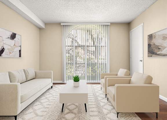 A living room with a white couch, two chairs and a coffee table.