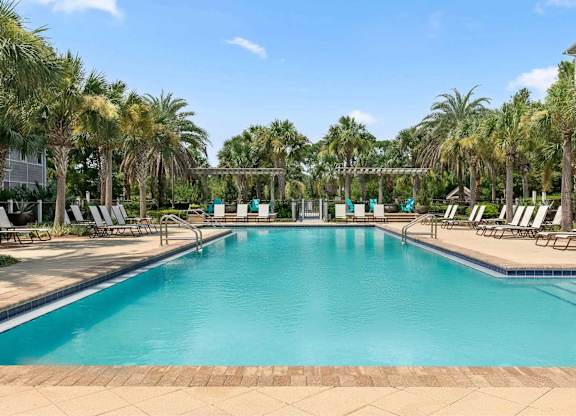 A large swimming pool surrounded by palm trees and lounge chairs.