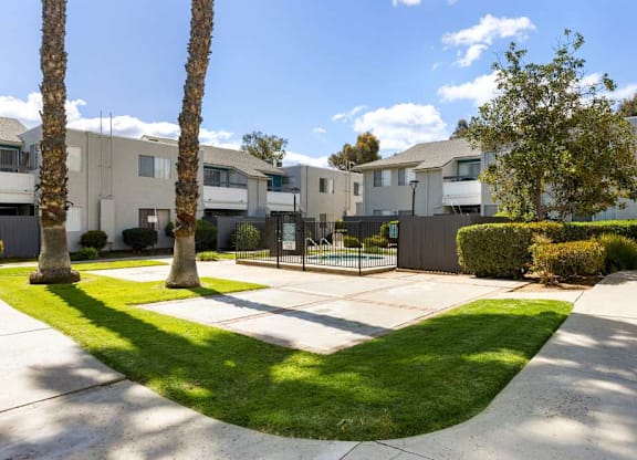 A sunny day at a residential area with houses and palm trees.