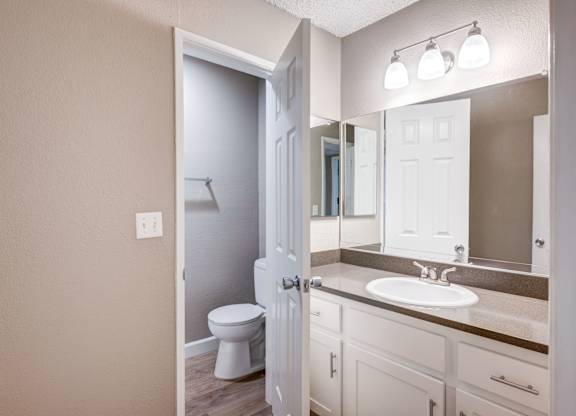 A bathroom with a toilet, sink, and mirror.