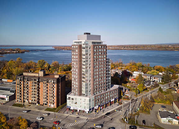 Aerial view of modern high rise building at 929 Richmond Apartments, Ontario, K2B 6R1
