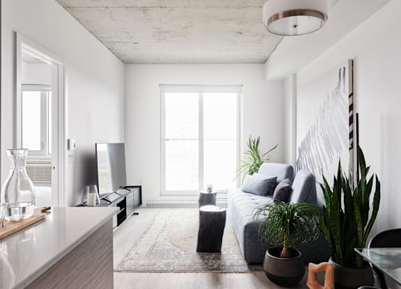 A modern living room with a grey couch and a large window. at Le ColumbiaApartments , Quebec, J8Y 0A8