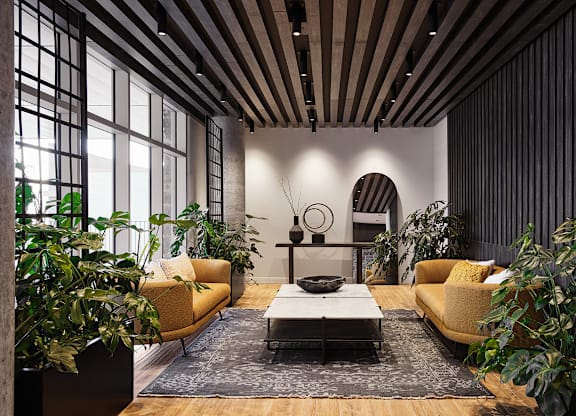 A modern living room with a large window and a wooden ceiling. at Le ColumbiaApartments , Gatineau, QC