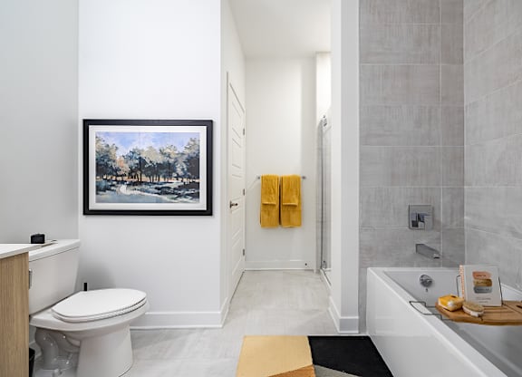 A bathroom with a toilet, a bathtub, and a painting on the wall at Petries Landing I Apartments , Ottawa, Ontario
