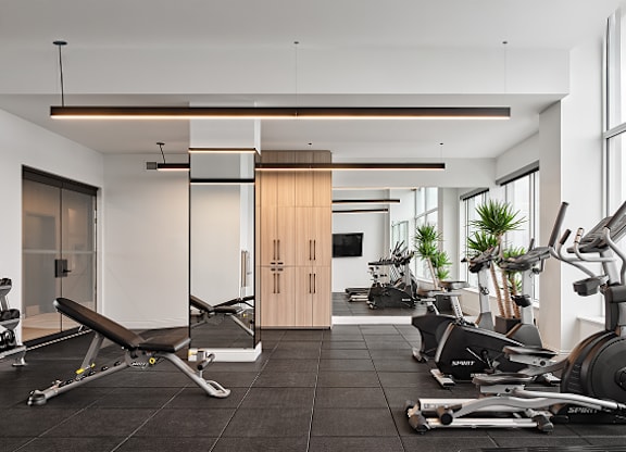 A gym with a variety of equipment including treadmills, stationary bikes, and a rowing machine at Petries Landing I Apartments , Ontario