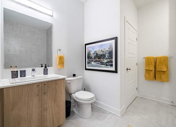 Modern bathroom with wood vanity and artwork at Petries Landing II Apartments, Ottawa, ON K4A 0S8