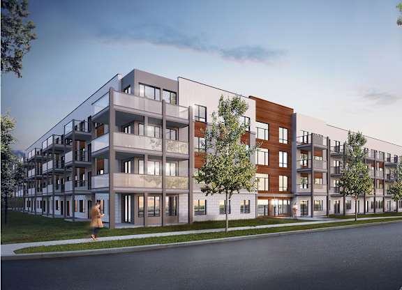Contemporary multi story residential building exterior at Petries Landing II Apartments, Ontario