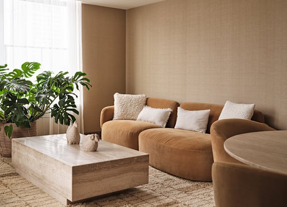 A living room with a brown sofa, a coffee table, and a potted plant.