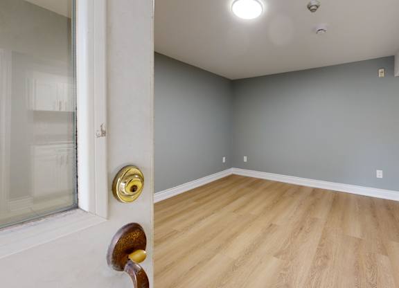 A room with wooden flooring and a white door with a gold handle.