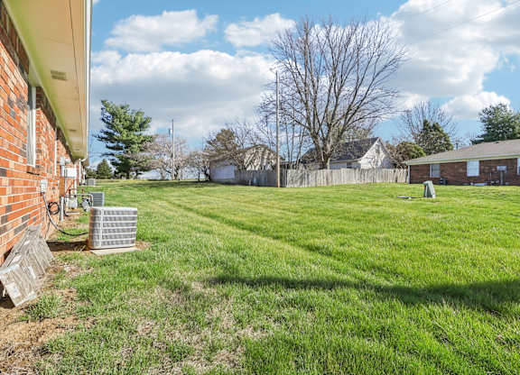 A backyard with a green lawn and a tree.