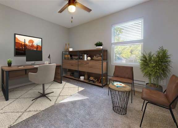 A living room with a ceiling fan, a chair, a table, and a potted plant at Ridgeview Apartments, Indiana, 46060