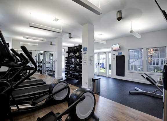 A gym with treadmills, weights, and exercise equipment.