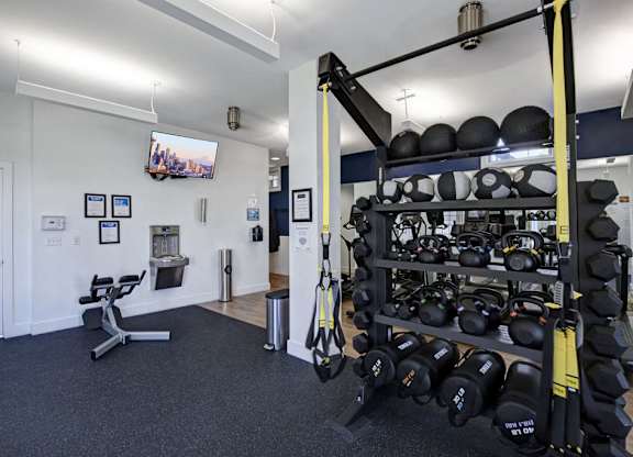 A gym with a variety of equipment including weights and a bench.