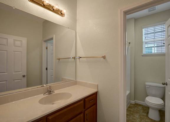 A bathroom with a sink, mirror, and toilet.