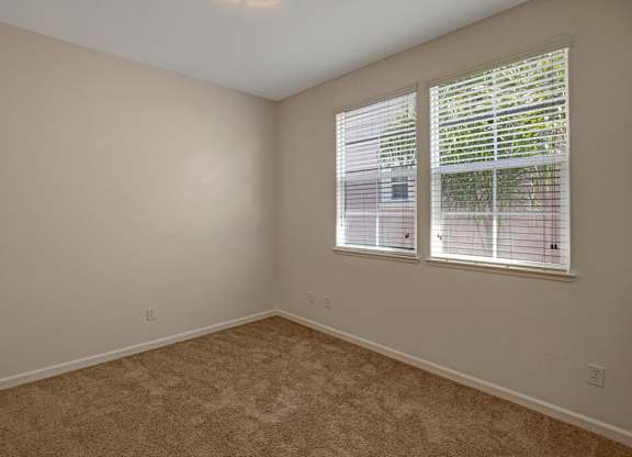 A room with carpeted floor and a window with blinds.