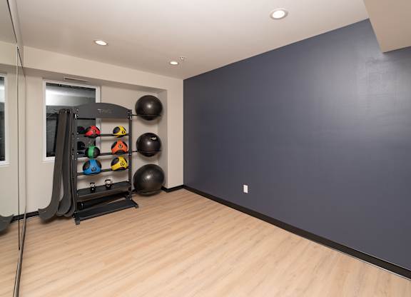 A room with a wooden floor and a wall-mounted rack holding exercise equipment.