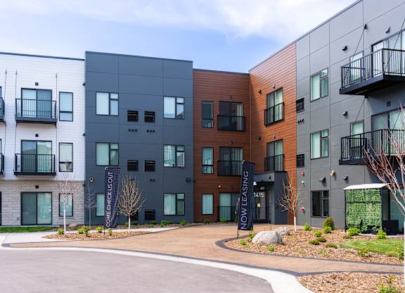 Exterior of a modern apartment complex.