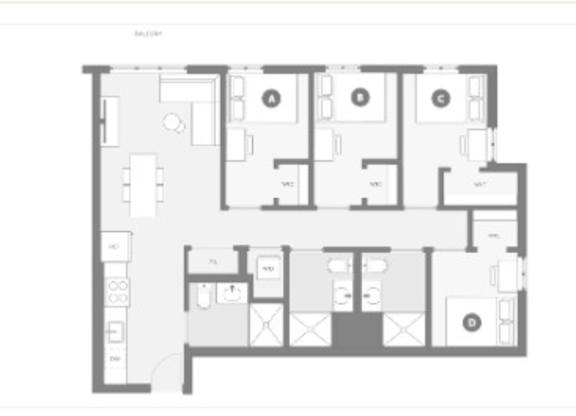A floor plan of an apartment with two bedrooms and two bathrooms.