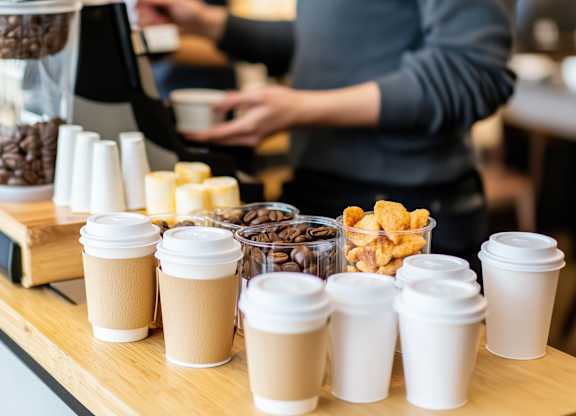A person is standing behind a counter with coffee cups and a coffee grinder.