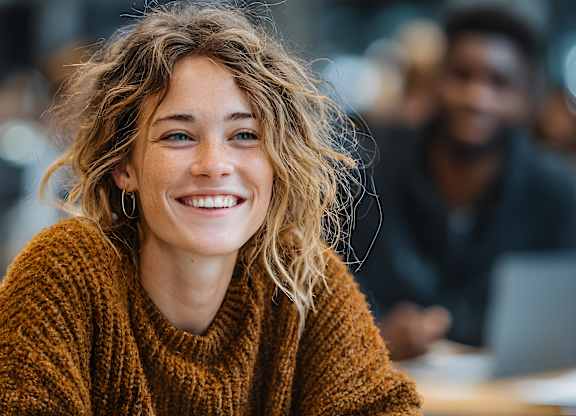 A woman with curly hair is wearing a brown sweater and smiling.