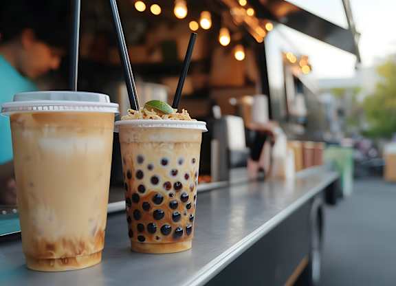 Two cups of bubble tea with straws on a counter.