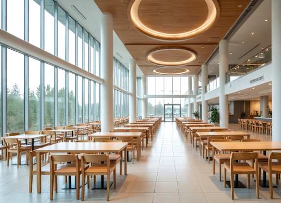 A long hallway with tables and chairs on either side.