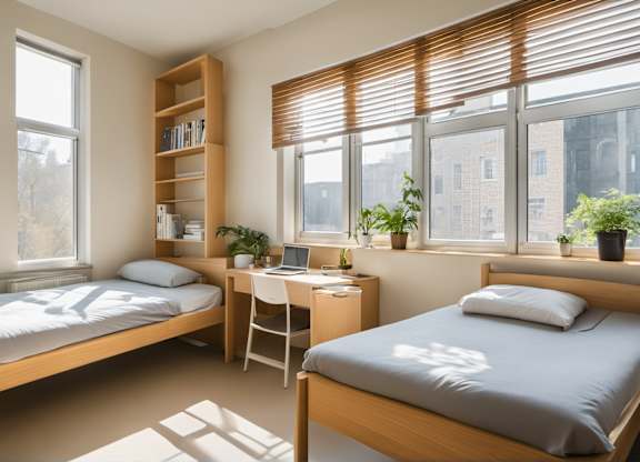 A bedroom with two beds, a desk, and a chair.