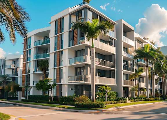 A modern apartment building with balconies and palm trees in front.