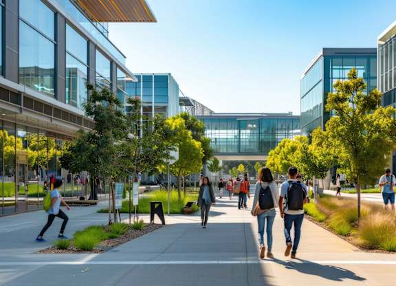 People walking on a pathway between modern buildings.