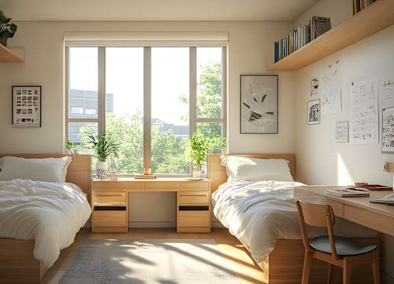 Two beds in a room with a window overlooking a tree.
