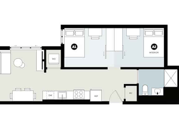 A floor plan of a house with two labeled bedrooms.