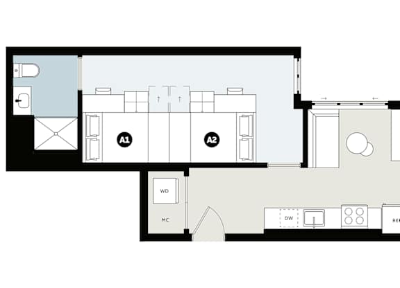 A floor plan of a house with two bedrooms, a living room, a kitchen, a dining room, and a bathroom.