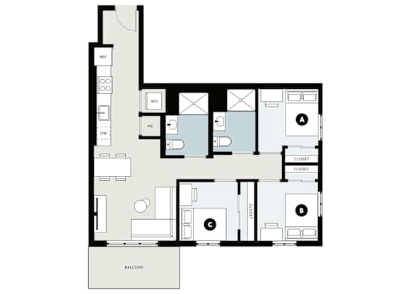 A floor plan of an apartment with three bedrooms and a balcony.