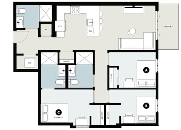 A floor plan of an apartment with a primary bedroom, a secondary bedroom, a living room, a kitchen, and a balcony.